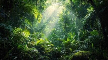Dense tropical rainforest with lush green foliage illuminated by soft sunlight beams piercing through the canopy creating a serene and peaceful atmosphere