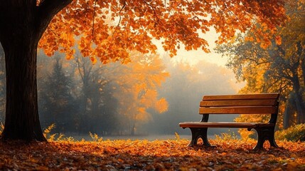 Empty wooden bench under large tree with vibrant orange autumn leaves in peaceful park setting on a foggy morning
