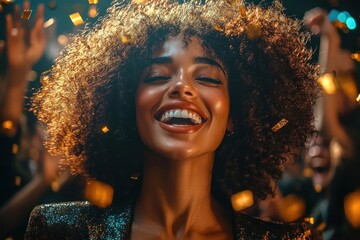 Joyful woman with curly hair smiling broadly amid flying golden confetti at a lively celebration or party