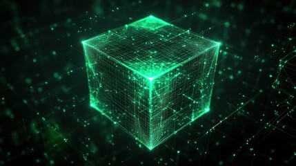 Glowing green digital wireframe cube surrounded by an interconnected network of light points and lines in a dark space
