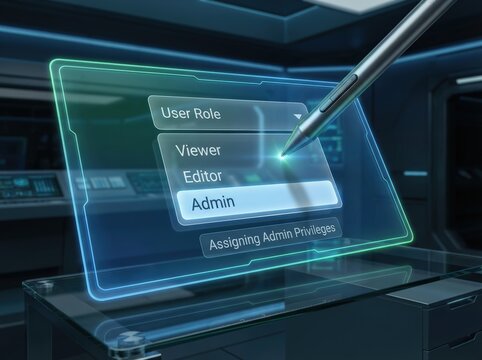 Futuristic interface showing user role selection with a digital pen on a transparent screen.