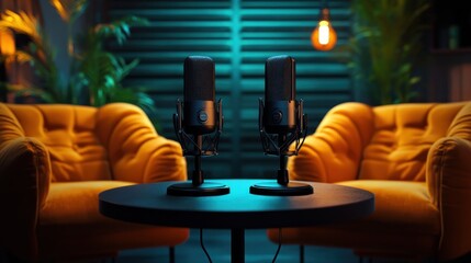 Two microphones on a round table set between two cozy orange armchairs in a modern recording studio with ambient lighting and green decorative plants