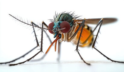 Fototapeta premium Extreme close-up of a colorful mosquito with red compound eyes and detailed antennae and legs on a white background