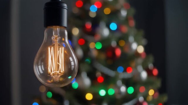 Vintage Edison Light Bulb Glowing Brightly with Christmas Tree