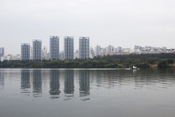 This is a view of the Han River with a view of high-rise apartments.