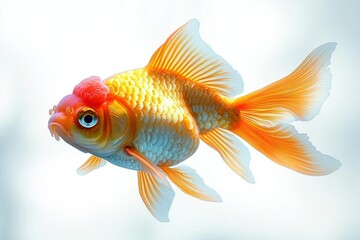 Fototapeta premium Close-up of a vibrant orange and white goldfish with translucent fins swimming against a bright white background, showcasing detailed scales and delicate fin texture
