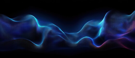 Flowing digital wave of blue and purple neon light particles floating on black background with smooth curved shapes and glowing edges