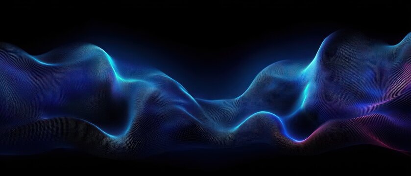 Flowing digital wave of blue and purple neon light particles floating on black background with smooth curved shapes and glowing edges - Powered by Adobe
