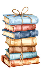 Stacked books tied with string, pastel palette
