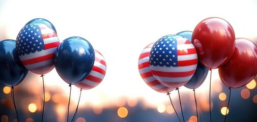 Cluster of shiny balloons floating with American flag patterns and solid red and blue colors against a blurred warm light background, evoking celebration and patriotism