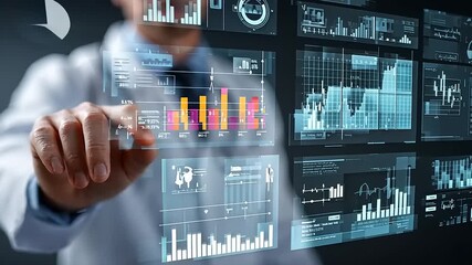 Business professional interacting with digital data displays in a modern office environment - Powered by Adobe