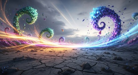 Surreal Landscape with Swirling Elements and Vibrant Light Streams.