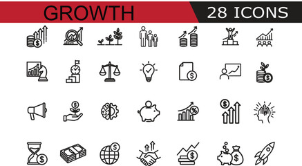 Obraz premium Collection of 28 growth and business related icons: including charts, money, finance, teamwork, ideas, progress, and success symbols, presented on a clean backdrop for diverse commercial applications.