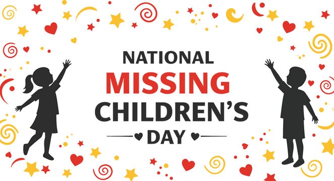 National Missing Children's Day with silhouettes of children and colorful festive elements Keywords: national missing children's day, missing