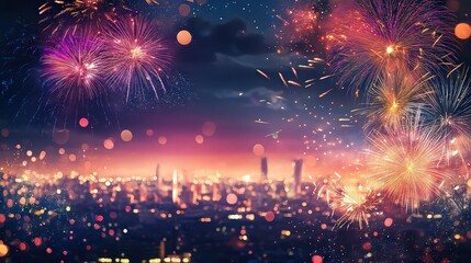 A vibrant display of fireworks illuminates the night sky above a sprawling cityscape, casting a warm glow over the buildings and creating a festive atmosphere