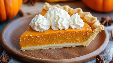 Delicious pumpkin pie slice topped with whipped cream for thanksgiving