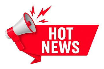 Megaphone announcing breaking news with red banner and lightning bolt graphics