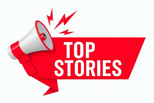 Red megaphone announcing breaking news and top stories with lightning bolt graphics for emphasis