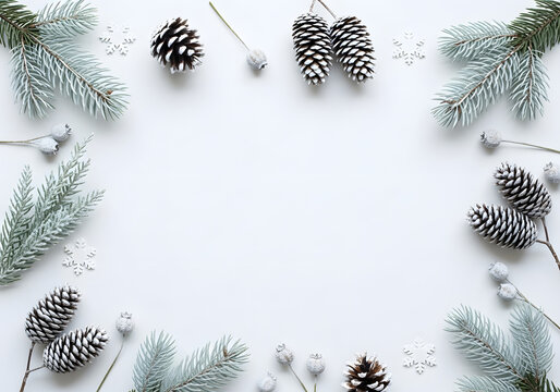 A captivating, frosty composition of natural elements, including evergreen branches, pine cones, and delicate snowflake accents, creating a sense of seasonal beauty and serenity.