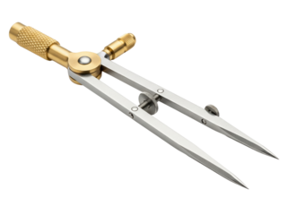 Brass and steel drawing compass tool for engineering drafting on a transparent background