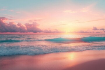 Obraz premium serene sunrise over calm ocean waves gently washing onto sandy beach under pastel pink and blue sky with soft clouds