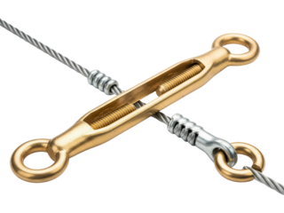 Brass metal turnbuckle connecting twisted steel wire cables on a transparent background