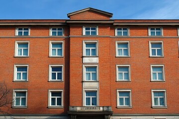 Obraz premium front view of a large red brick building with multiple white framed windows under a clear blue sky