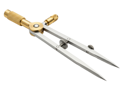 Brass and steel drawing compass tool for engineering drafting on a transparent background