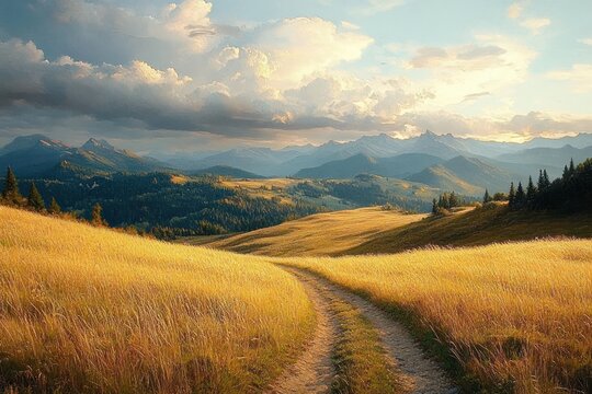 Sunlit golden meadow with a winding dirt path leading towards distant forested hills and mountain range under a dramatic cloudy sky