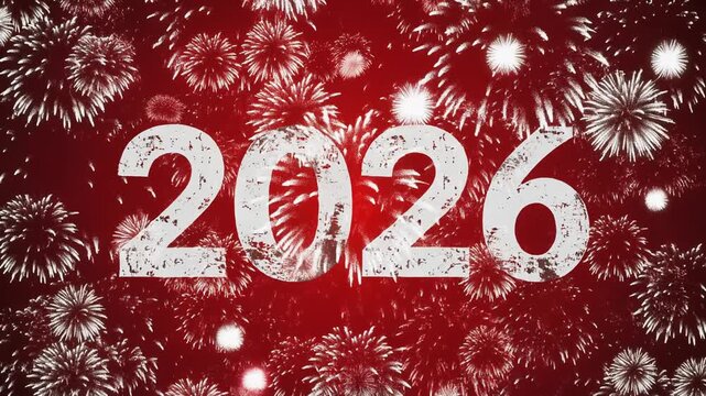 2026 New Year Celebration with Sparkling Fireworks on Red Background