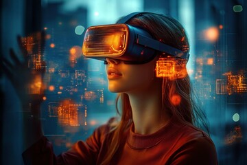 young woman wearing virtual reality headset exploring glowing digital interface with orange holographic elements against futuristic blue background