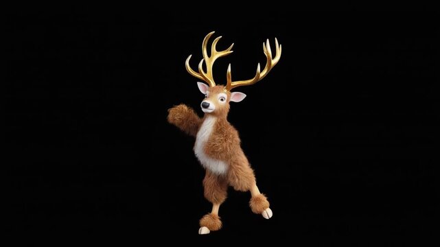 Animated cartoon deer character with golden antlers waving