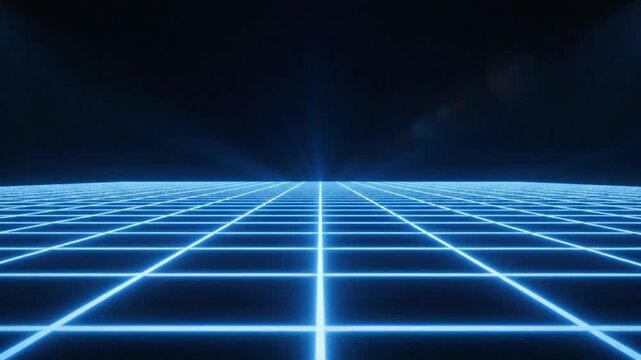 Blue neon grid over black with stage lighting from above. Perspective and depth are emphasized