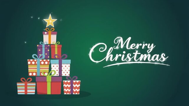 Animated Merry Christmas greeting with gift box tree and sparkling text