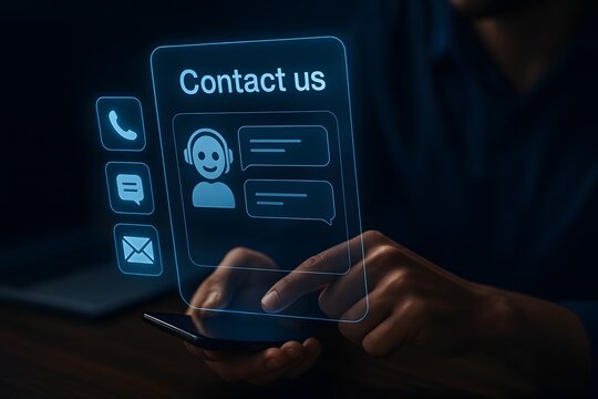 Contact us support interface hovering above smartphone in dark office