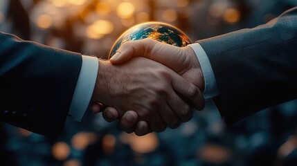 Close-up of two business people shaking hands with a glowing earth globe between their hands symbolizing global partnership and cooperation