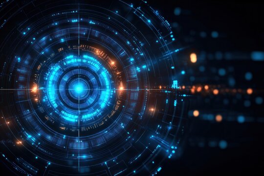 Futuristic glowing circular digital interface with blue and orange light elements on dark background representing technology and data visualization