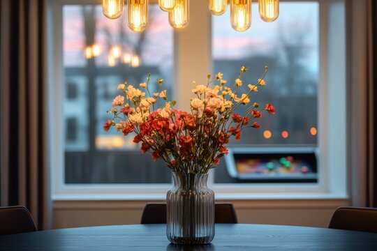 Delicate bouquet of red and white flowers in glass vase on round wooden table with warm hanging lights and blurred window background at dusk - Powered by Adobe