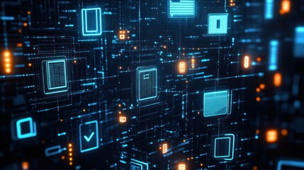 Digital network interface showing interconnected glowing blue and orange data icons and grids symbolizing modern technology communication and information flow
