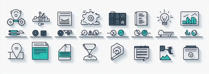 Row of various business and office themed outlined icons including lightbulbs, graphs, gears, documents, clock, checklist, and location marker with subtle shadows