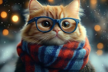 close-up of an adorable orange tabby cat wearing oversized dark glasses and a cozy blue and red scarf with a soft glowing background