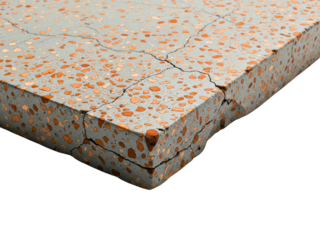 Cracked grey concrete slab with orange terrazzo chips texture on a transparent background