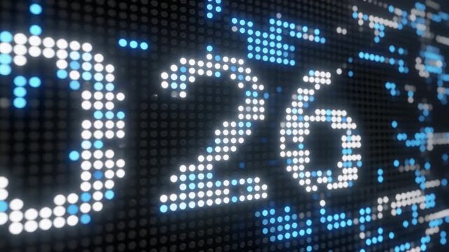 Bright digital display showing the year 2026 with futuristic data