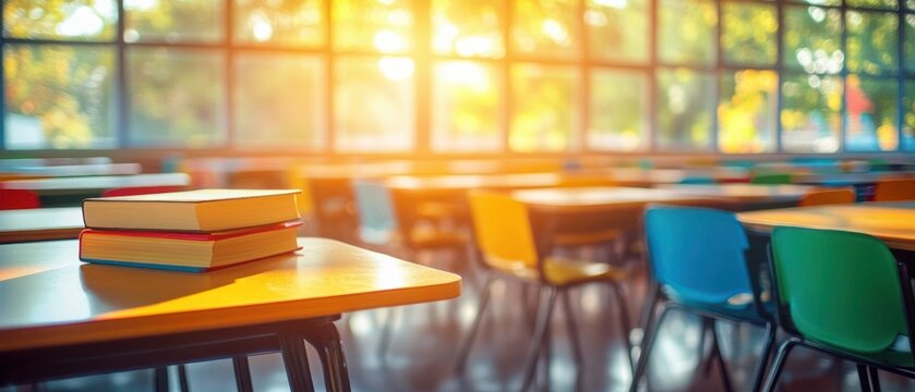 Sunlit empty classroom with colorful chairs and stacked books on a wooden desk creating a calm and inviting atmosphere