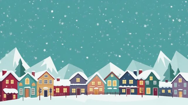Animated Winter Village Scene with Falling Snow and Cozy Houses