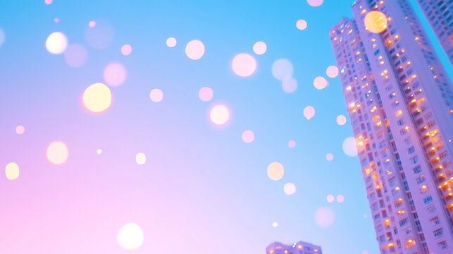 Enchanting bokeh lights in a warm golden evening city aesthetic