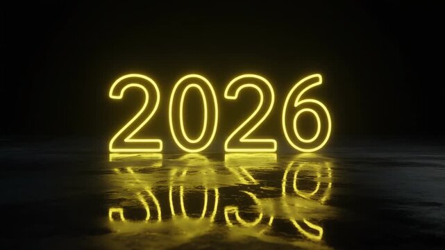 Bright neon yellow 2026 sign reflecting on wet dark ground