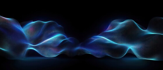 Abstract glowing blue and purple wave-like mesh forms in a dark space creating a sense of fluid motion and depth