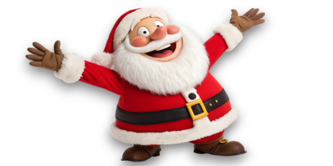 Joyful animated santa claus with arms wide open spreading holiday cheer and festive spirit on a black background