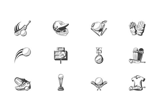 Black And White Cricket Equipment Sport Tournament Cricket Icons Set